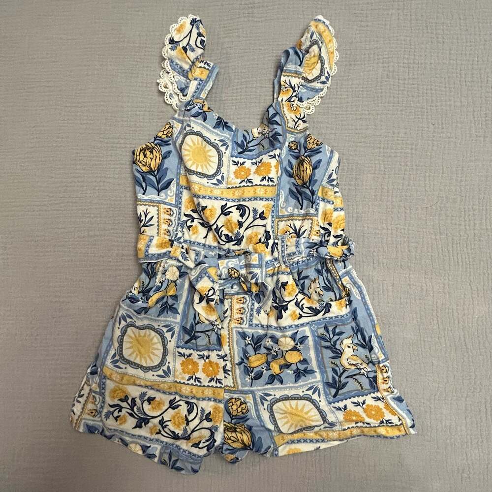 Tommy Bahama Baby Girls Blue and Yellow Tile Print Lace Trim Romper